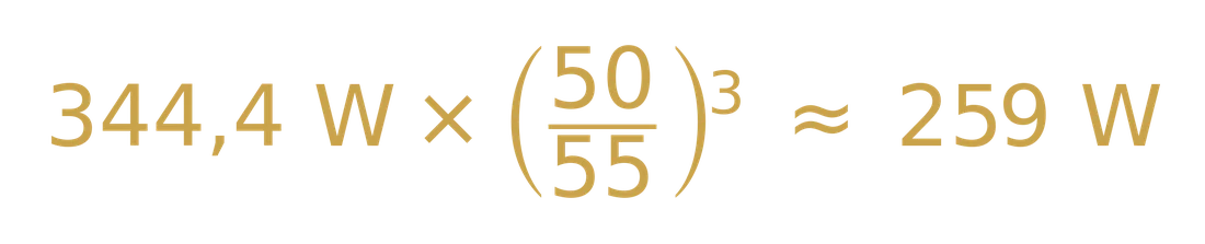 344,4 W gånger (50/55) upphöjt till tre är ungefär 259 W